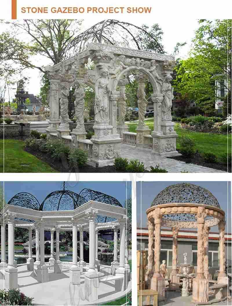 Hand CarvedBeige Stone Column Gazebo with Iron Top for Sale