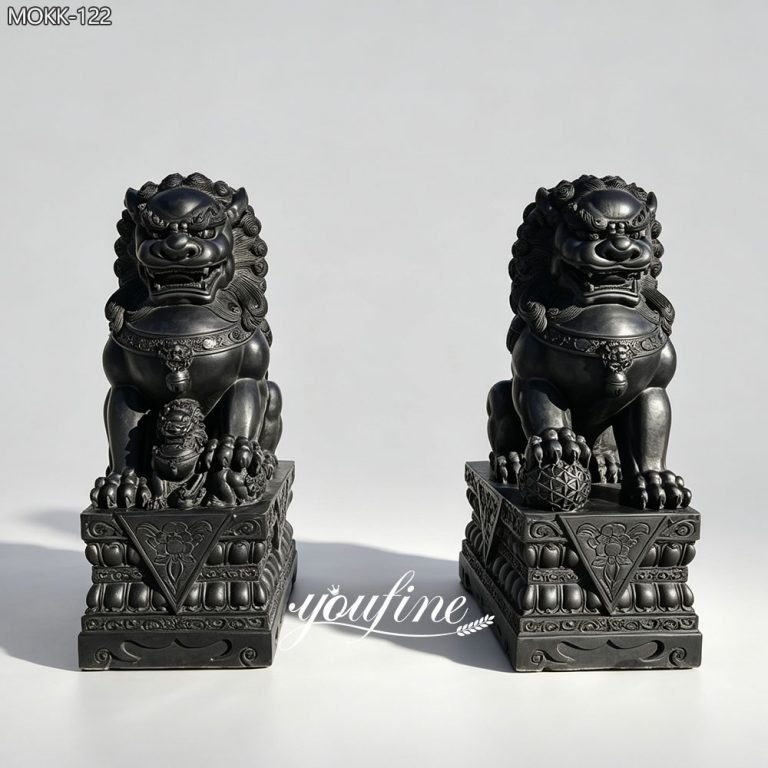 Black Obsidian Stone Foo Dog Guardian Lion Pair MOKK-122