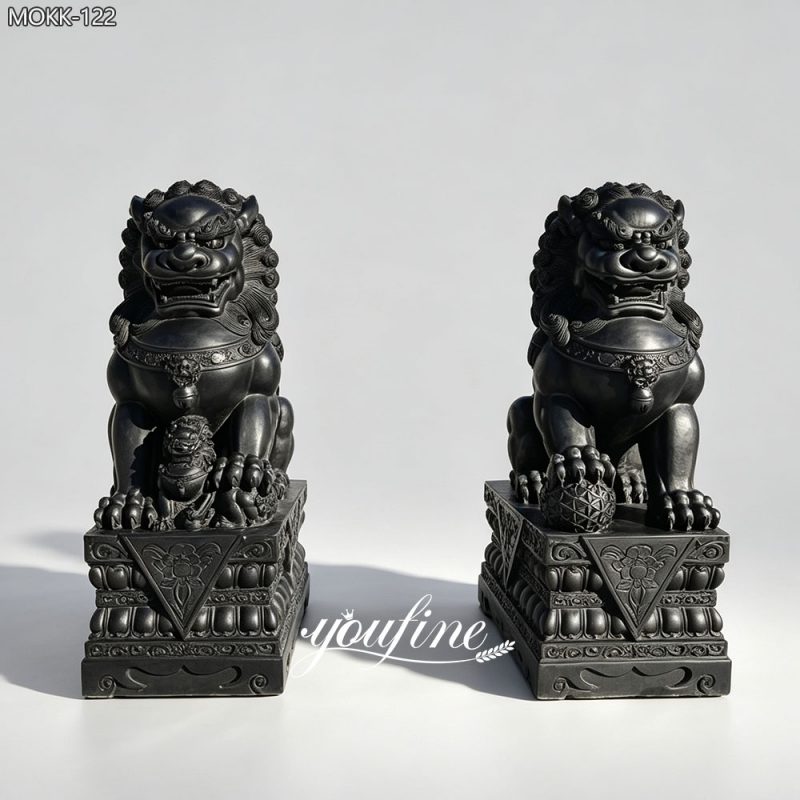 Black Obsidian Stone Foo Dog Guardian Lion Pair MOKK-122
