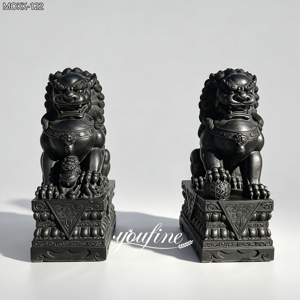 Black Obsidian Stone Foo Dog Guardian Lion Pair MOKK-122