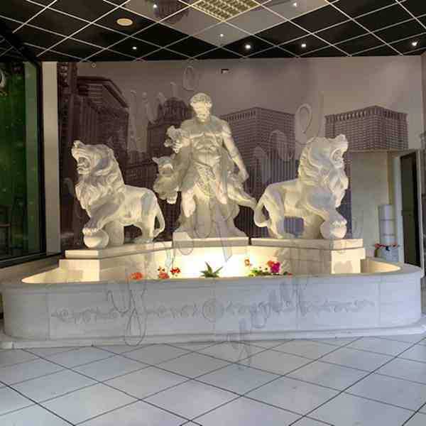 Custom Made White Marble Hercules Fountain with Two Lion Statues for American Client
