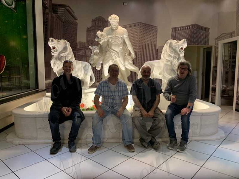 White Marble Hercules Fountain with Two Lion Statues