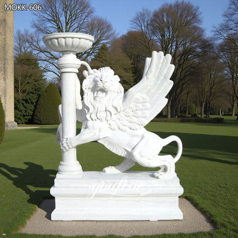 White Marble Winged Lion Statue with Planter for Front Porch MOKK-606