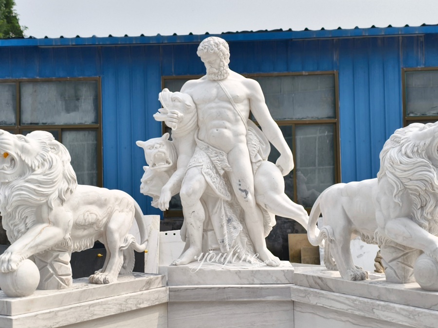 white marble Hercules Fighting Cerberus Fountain detail