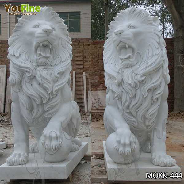 Large White Marble Lion Statues with Ball for Driveway Suppliers MOKK