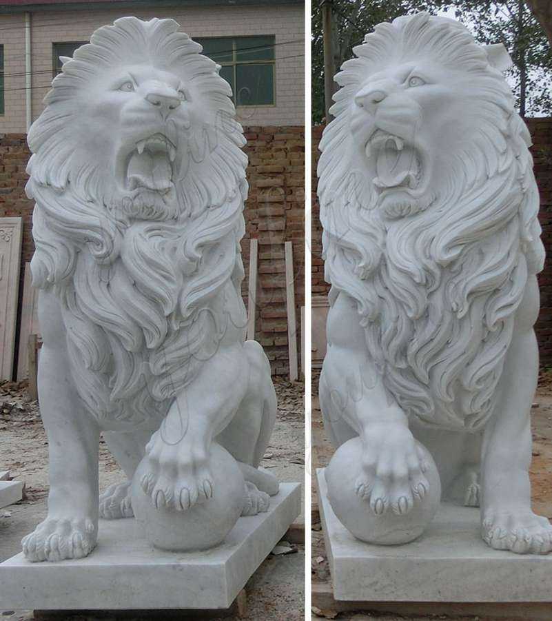 Large White Marble Lion Statues with Ball for Driveway MOKK445