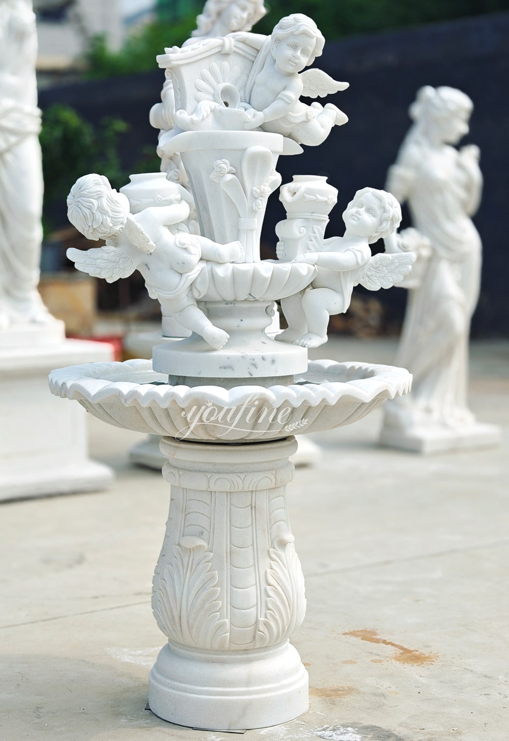 natural Marble Children and Fish Sculpture Fountain