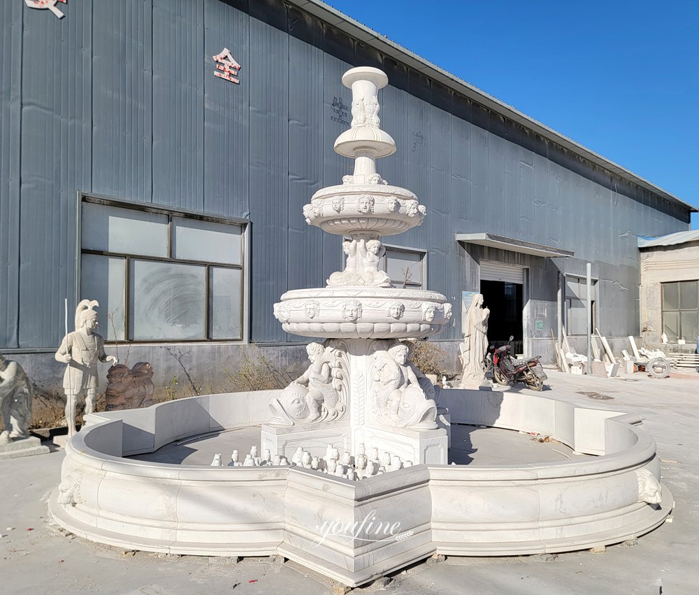 white Marble Children and Fish sculpture Fountain