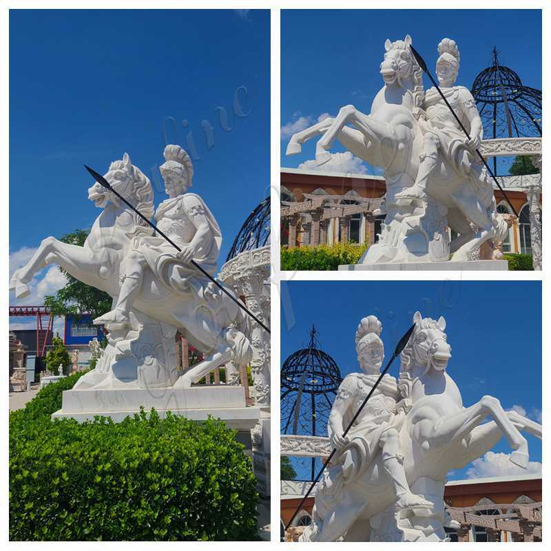 White Marble Warrior Statue with Horse