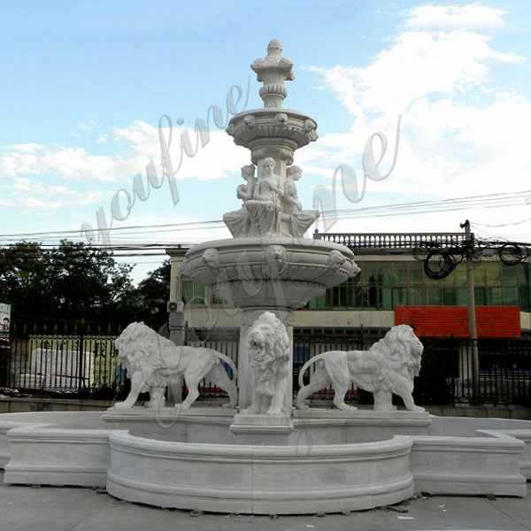 two tiered outdoor garden pure white marble fountain with lion statue