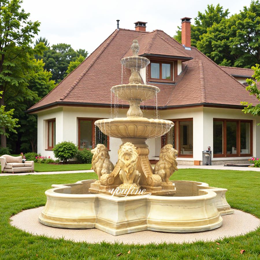 outdoor Beige Marble Lion Fountain