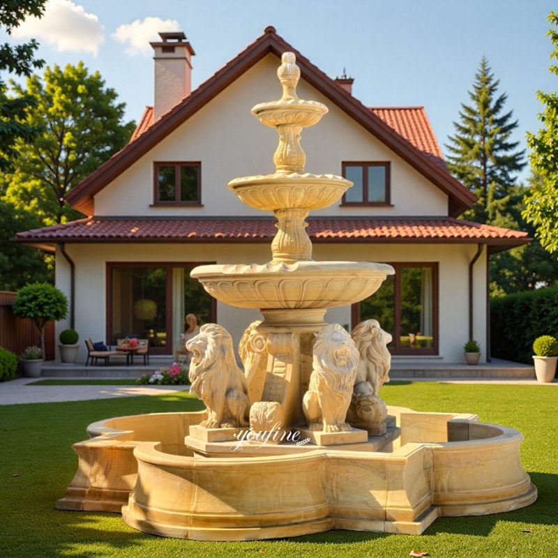 Beige Marble Outdoor Lion Fountain MOKK-696