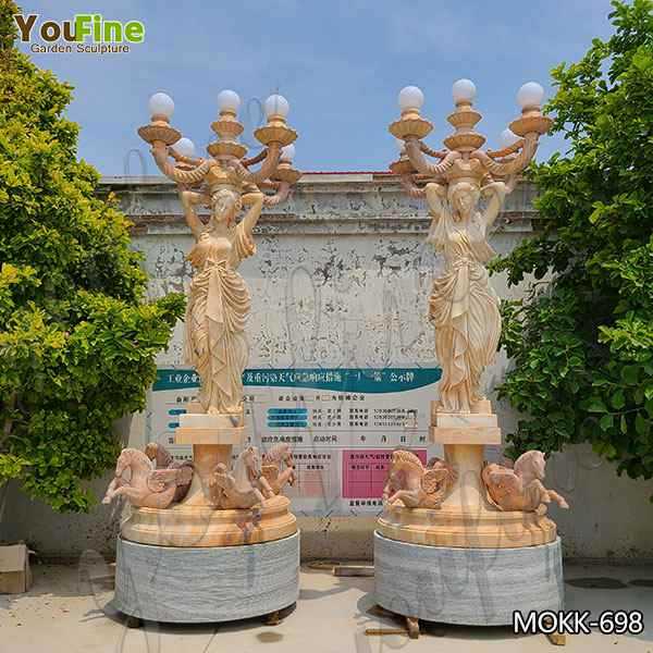 European Style Natural Beige Marble Lady Statue with Lamp for Sales