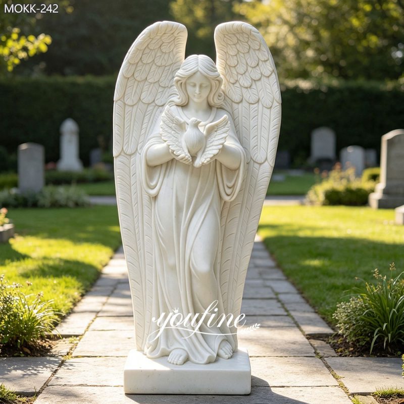 Estatua de ángel de mármol blanco con escultura de paloma para jardín.