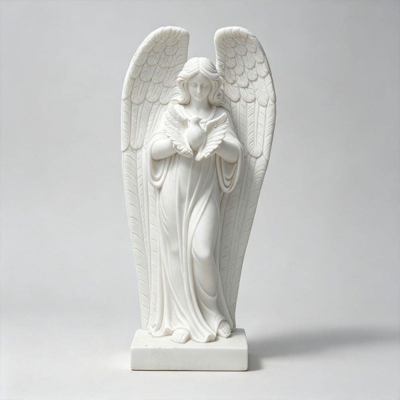 White Marble Angel Statue with Dove Sculpture for Garden and Memorial Decoration