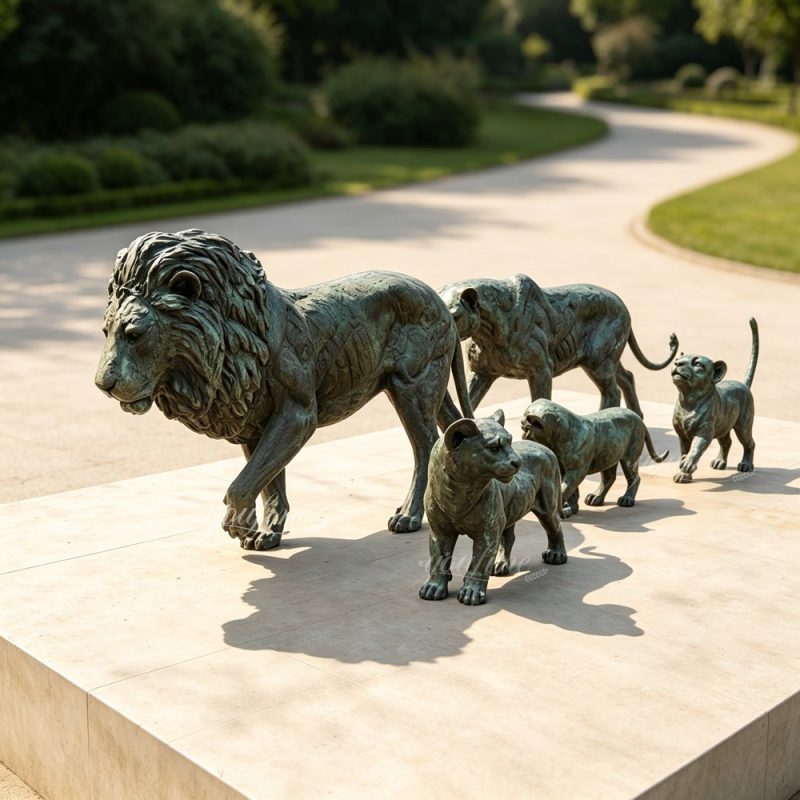 bronze lion family in garden
