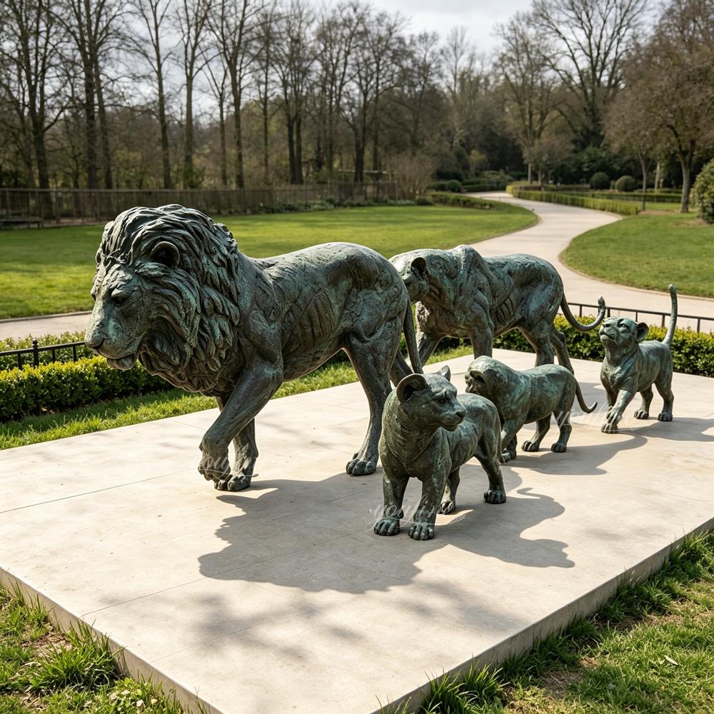 lifesize walking bronze lion family in garden