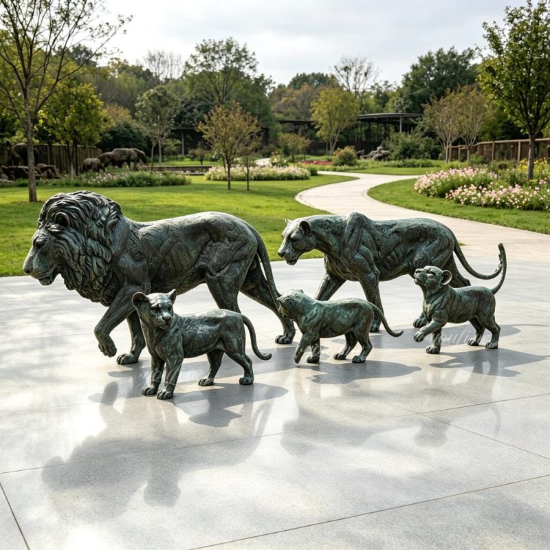 walking bronze lion family in garden