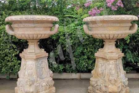 Antique Beige Marble Flower Pots With Triangle Base Garden Decor Mokk 713 You Fine Sculpture Antique Beige Marble Flower Pots With, Antique Garden Decor