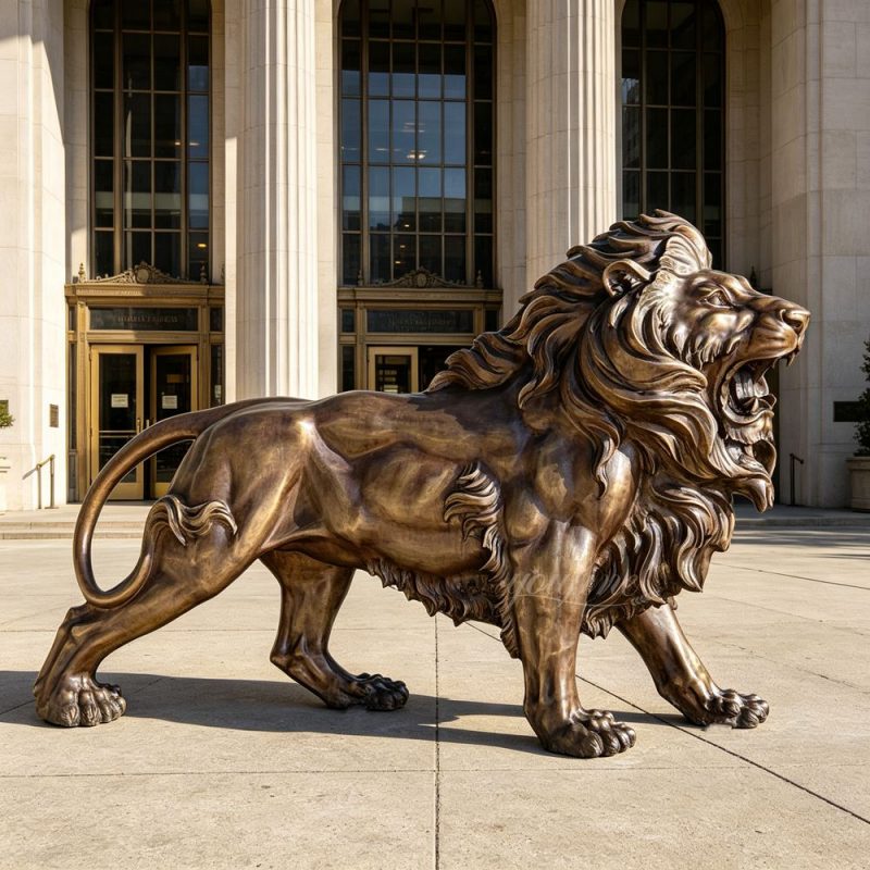 magnificent Bronze Walking Lion Statue outside building