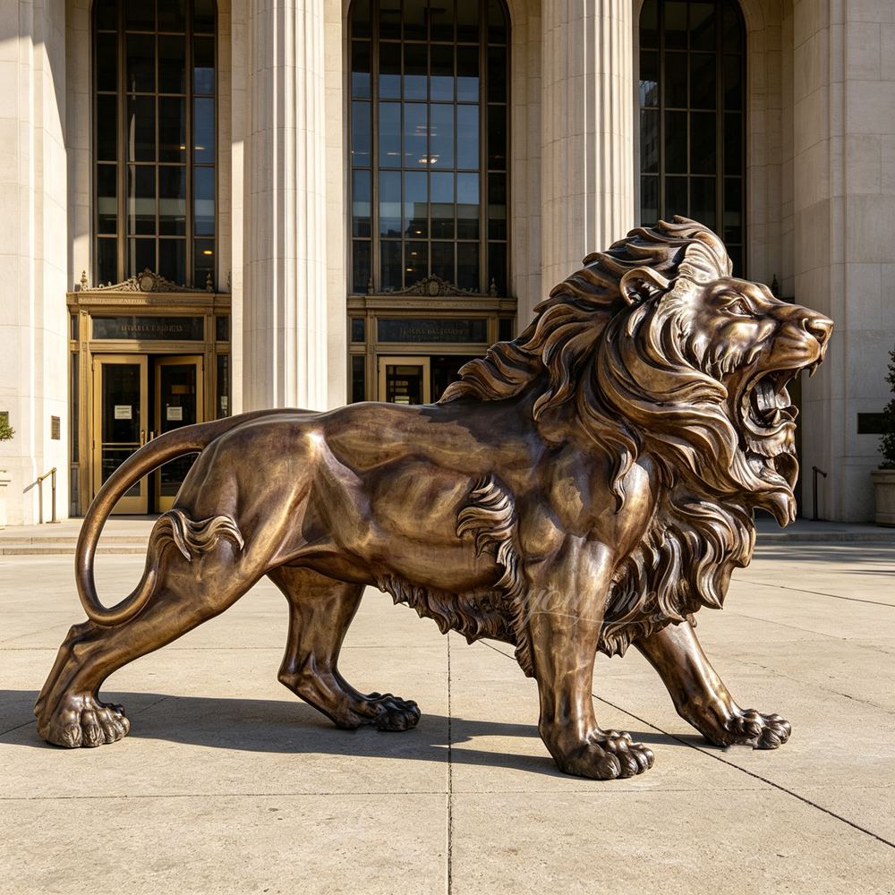 magnificent Bronze Walking Lion Statue outside building