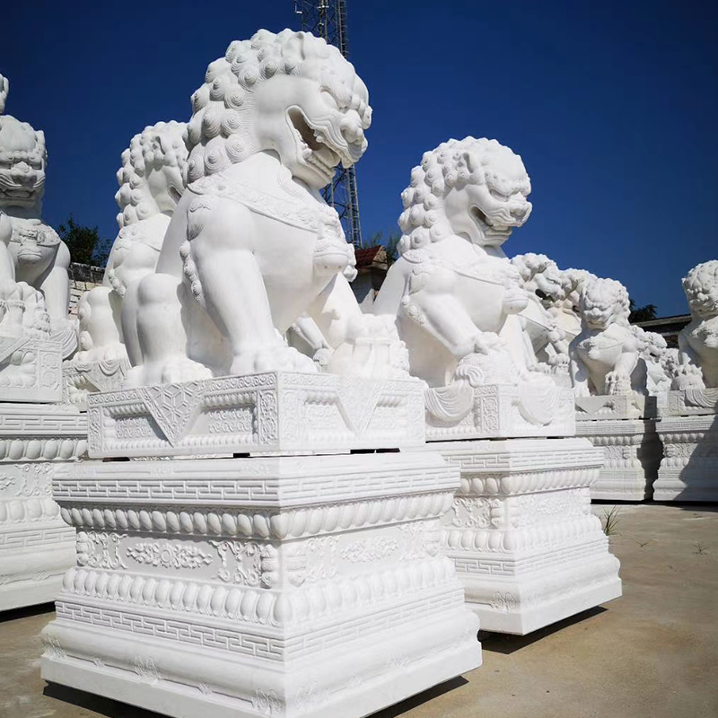 Chinese Guardian Lion White Marble Foo Dog Statues