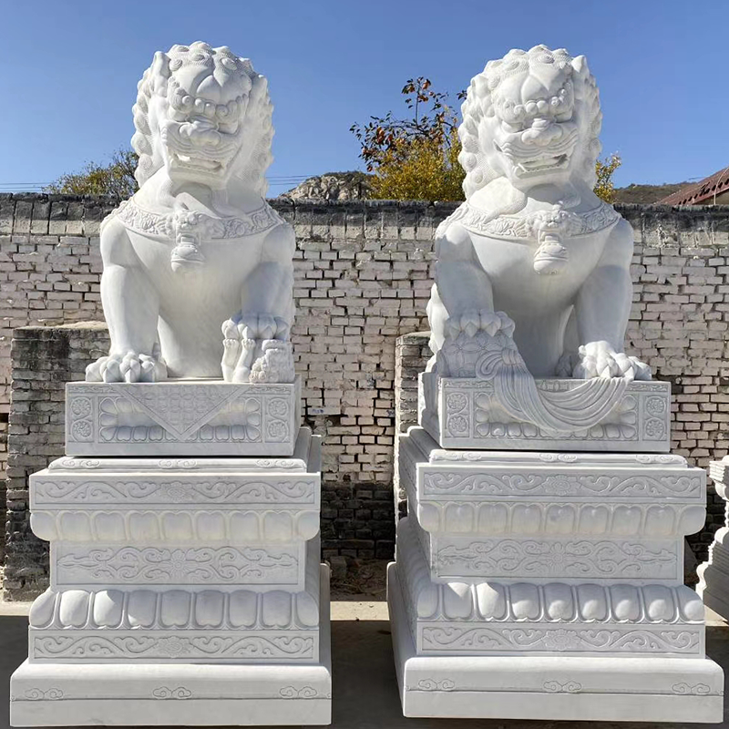 Chinese Guardian Lion White Marble Foo Dog Statues MOKK-114