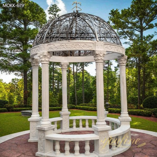 Hand Carved Beige Stone Column Gazebo with Iron Top for Sale