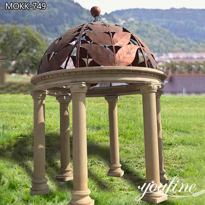 Ornate Outdoor Beige Marble Gazebo Garden Decoration Factory MOKK-749