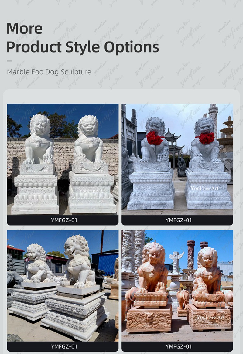 youfine Chinese Guardian Lion White Marble Foo Dog Statues