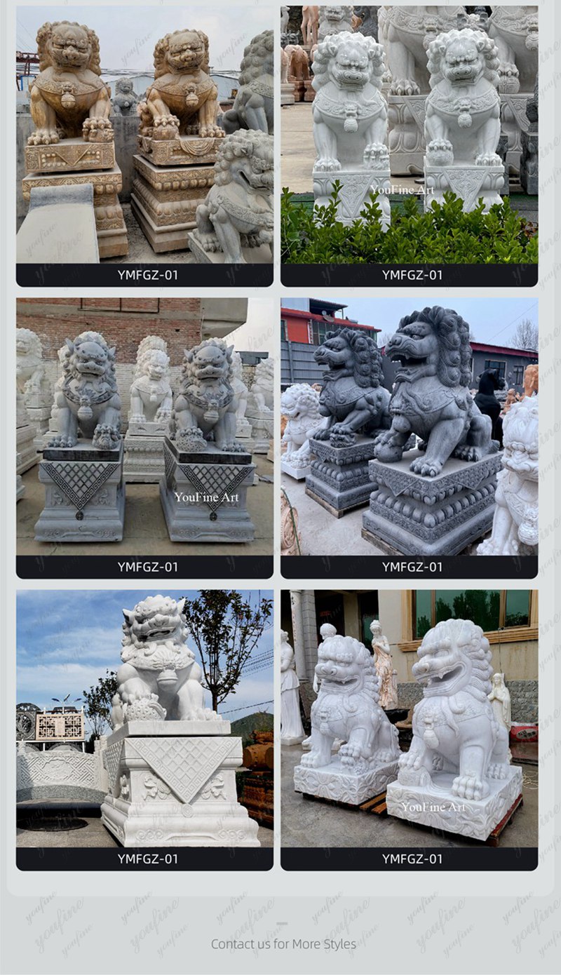 youfine Chinese Guardian Lion White Marble Foo Dog Statues