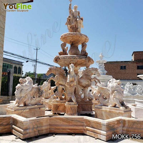 Beige Tiered Marble Water Lion Fountain Poseidon Statue