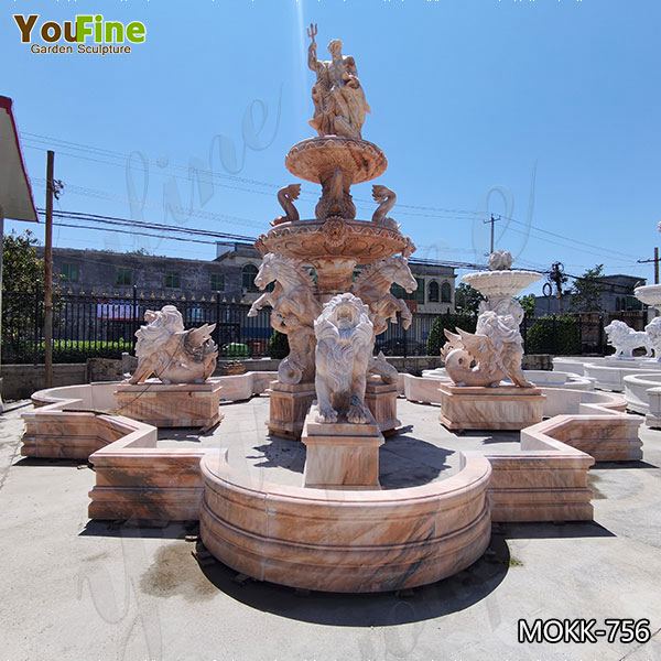 Beige Tiered Marble Water Lion Fountain Poseidon Statue for Sale MOKK-756