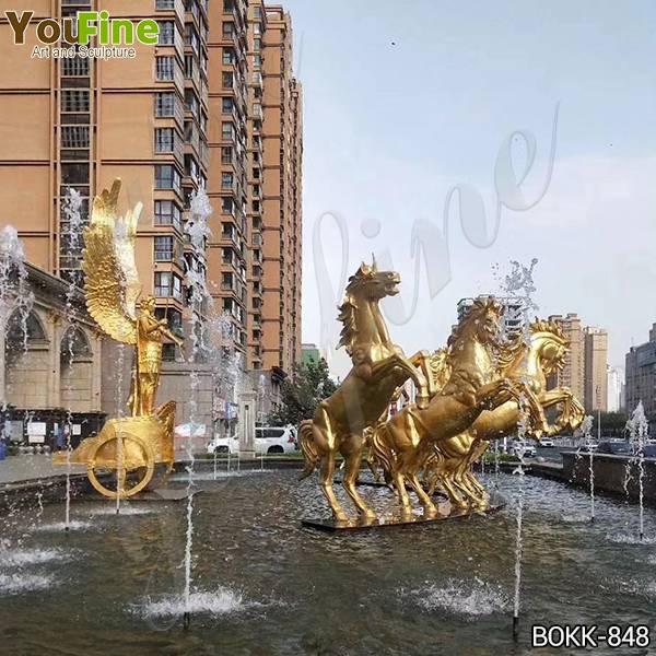 Ancient Golden Bronze Horse Chariot Statue with Angel