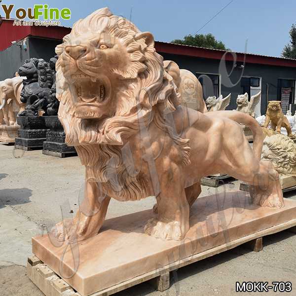 Natural Beige Marble Walking Lion Statues for Sale