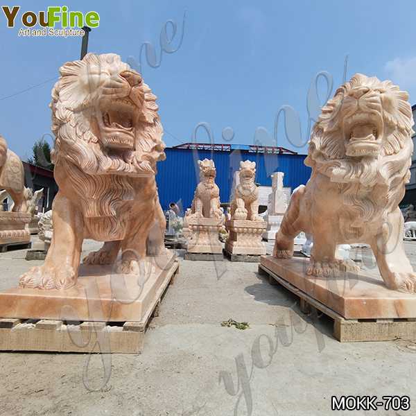 Pair of Natural Beige Marble Walking Lion Statues