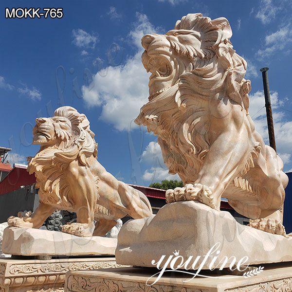 Pair of Outdoor Beige Marble Lion Yard Statues for Driveway Suppliers