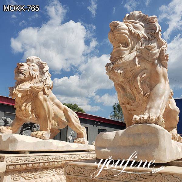 Pair of Outdoor Beige Marble Lion Yard Statues for Driveway