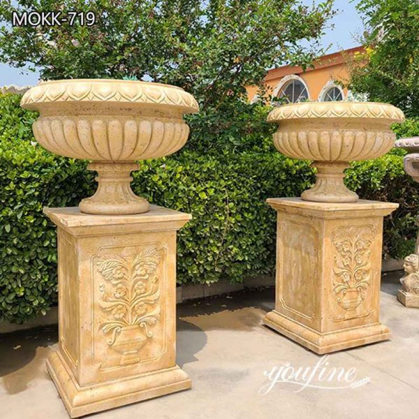 Wholesale Beige Marble Flower Pots Antique Style Garden Decor MOKK-719