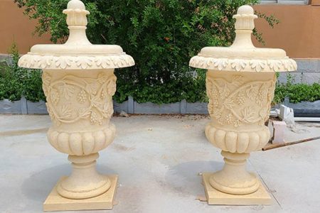 Hot Sell Antique Style Beige Marble Flower Pots Garden Decor MOKK-716