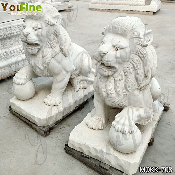 Hot Sale White Marble Sitting Lion Statues with Paw on Ball MOKK-708