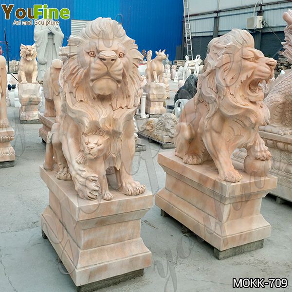 Beige Marble Lion Statues with Ball for Driveway Suppliers MOKK-709