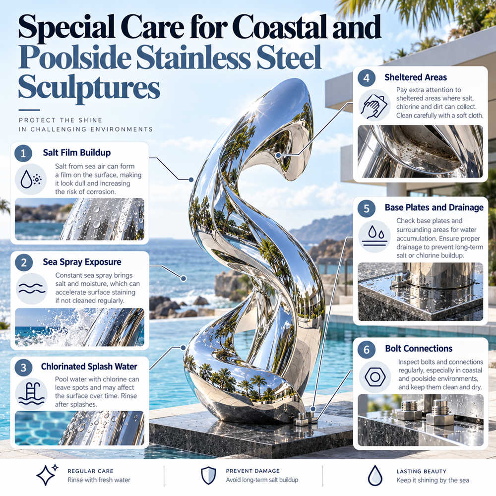 particolare cura per le sculture costiere in acciaio inossidabile