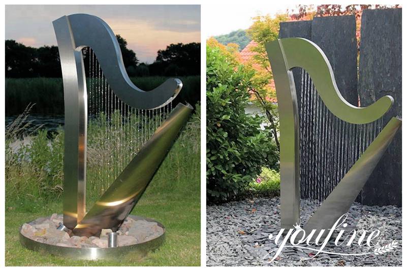 Modern Outdoor Metal Water Fountain Harp Sculpture