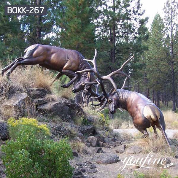 Two Majestic Fighting Bronze Bull Elk Sculptures BOKK-267