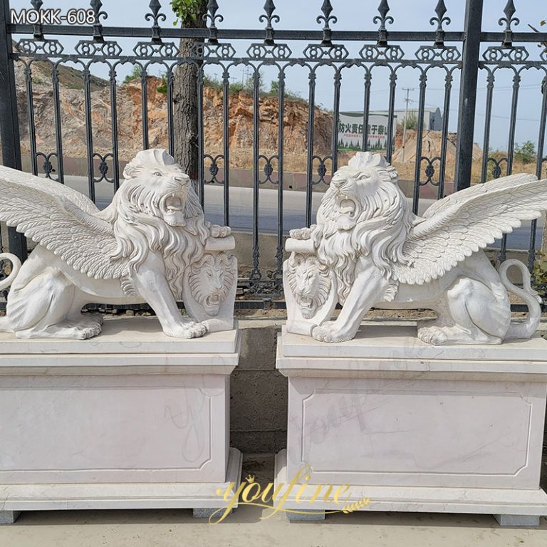 Antique Style White Marble Winged Lion Statues for Sale MOKK-608
