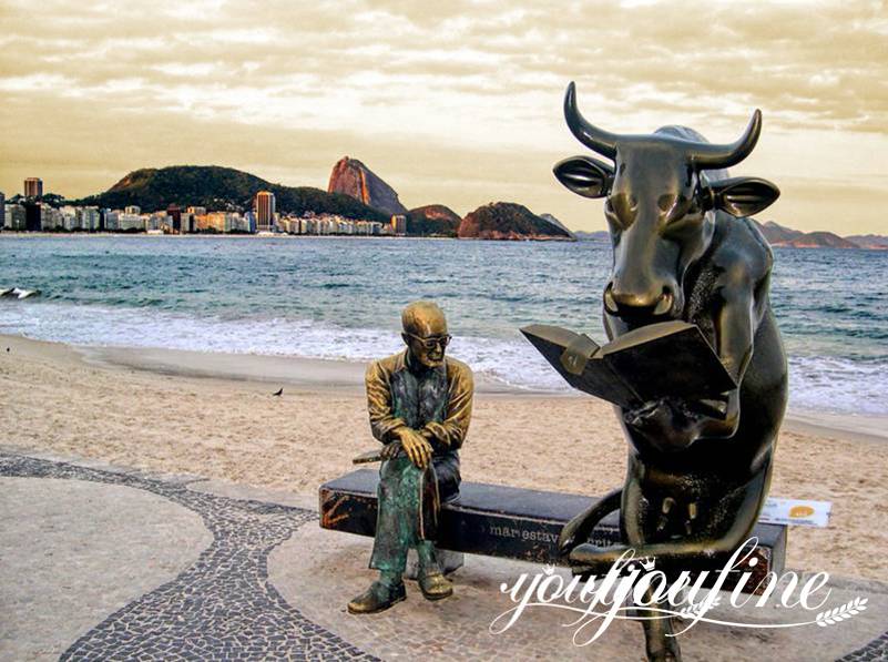 Bronze Bull Reading Book Statue Sitting with Old Man for Sale 