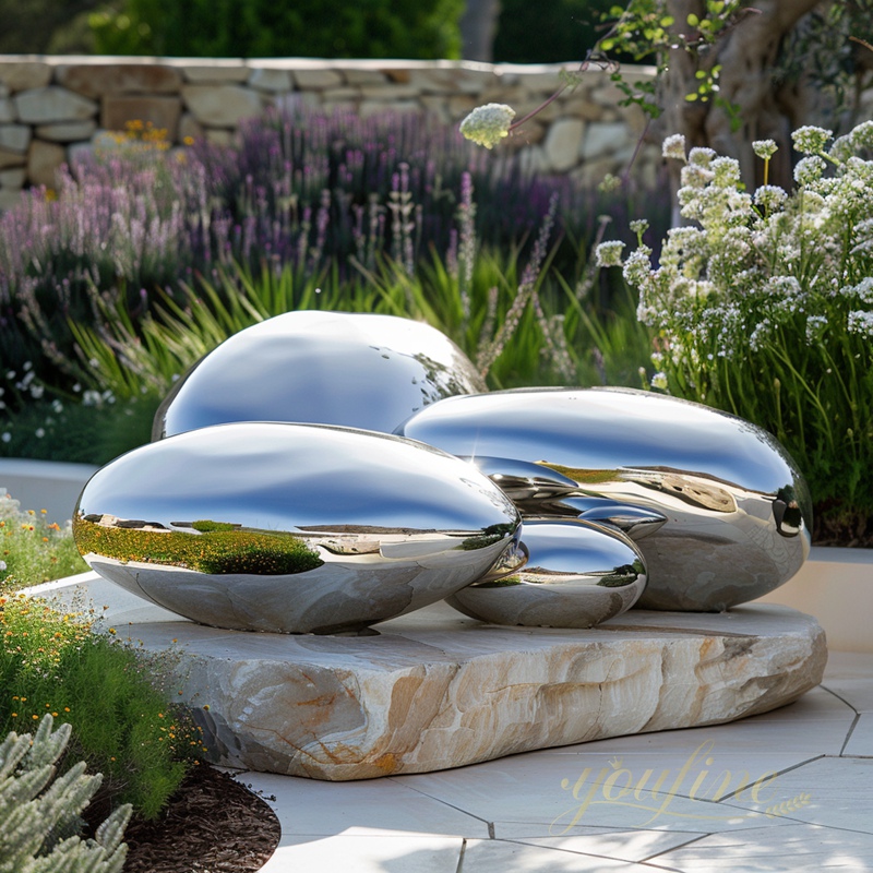 Garden Decor Mirror Polished Stainless Steel Cobblestone Sculpture for Sale
