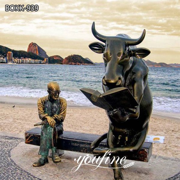 Outdoor Large Bronze Bull Reading Book and Sitting Man Statue for Sale BOKK-939