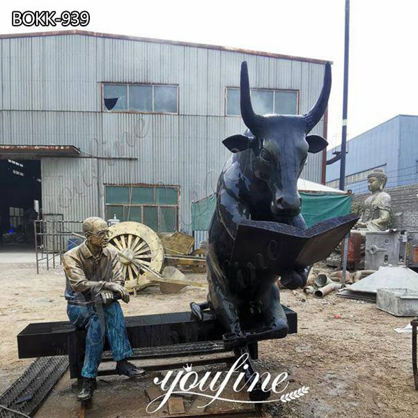 Outdoor Large Bronze Bull Reading Book and Sitting Man Statue for Sale